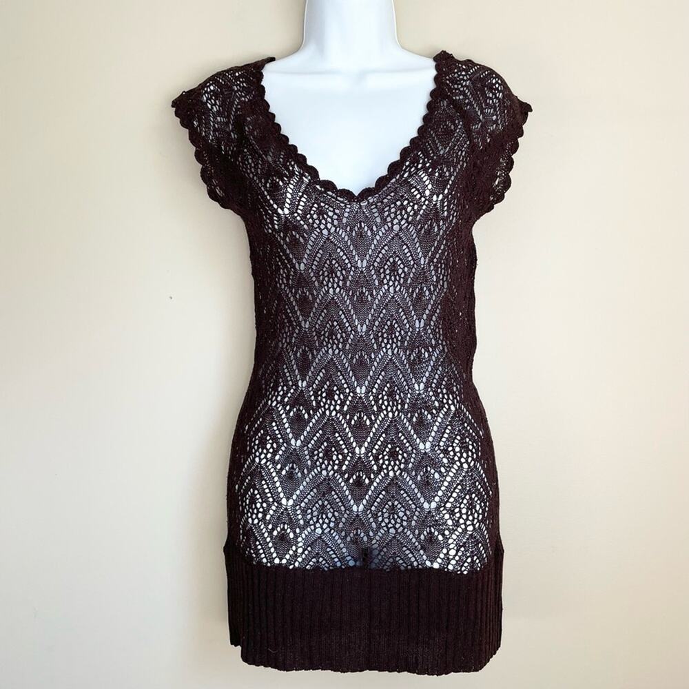 Candie's Y2K Lace Sheer Brown Long V-Neck Top Size L